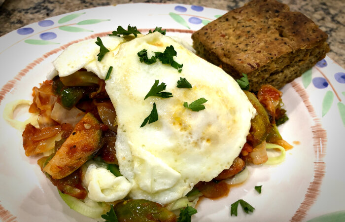 Veggies Stack with Fried Egg GF Biscuit