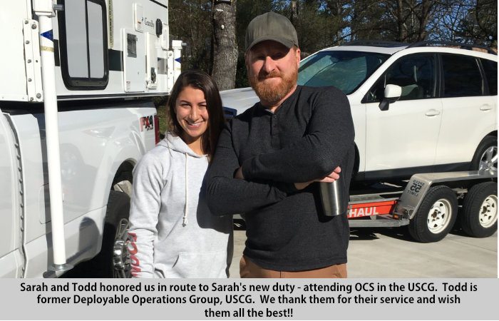 Sarah and Todd honored us in route to Sarah's new duty - attending OCS in the USCG.  Todd is former Deployable Operations Group, USCG.  We thank them for their service and wish them all the best!